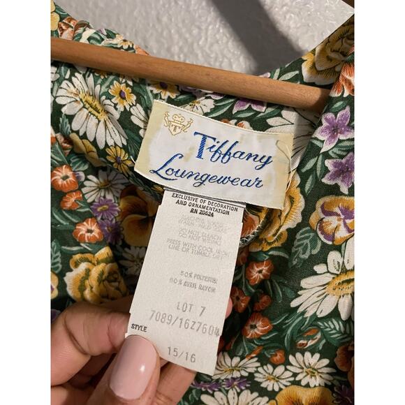 Vintage Tiffany Loungewear Dress Womens 15/16 Green Floral Lounge Caftan 70s - Picture 2 of 7